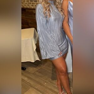 Blue/silver turtle neck bell bottom shelve mini dress